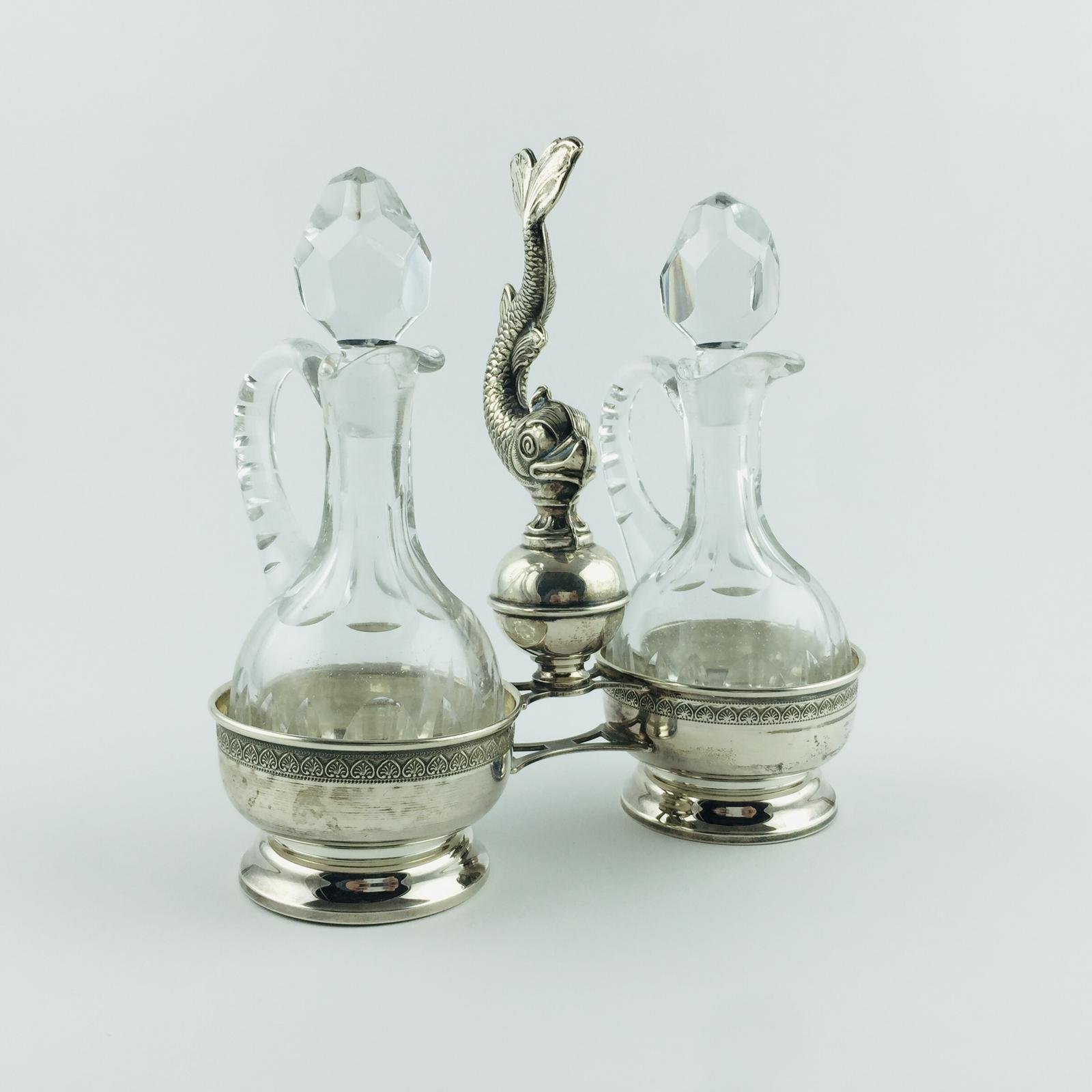 Juego de aceitera en plata y cristal