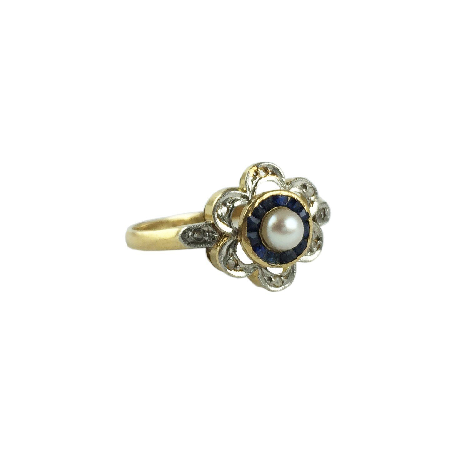 Anillo art decó oro 18 K, perla, zafiros y diamantes