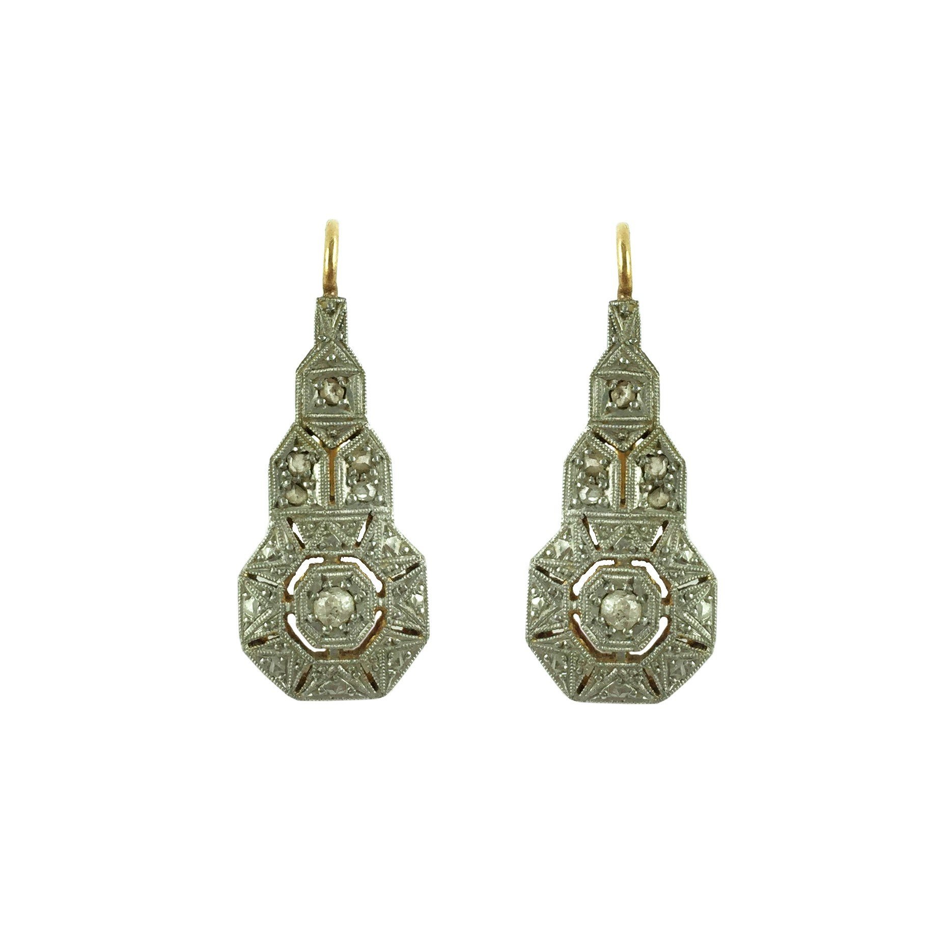 Par de caravanas art decó oro 18 K, brillantes y diamantes