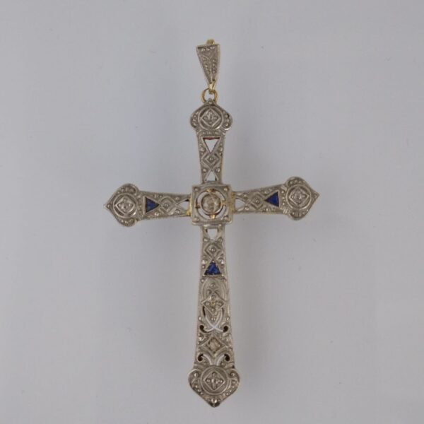 Cruz oro 18 K, brillante, diamante y zafiros