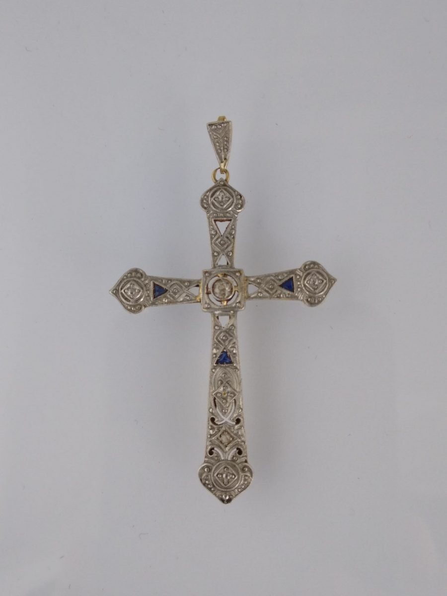Cruz oro 18 K, brillante, diamante y zafiros