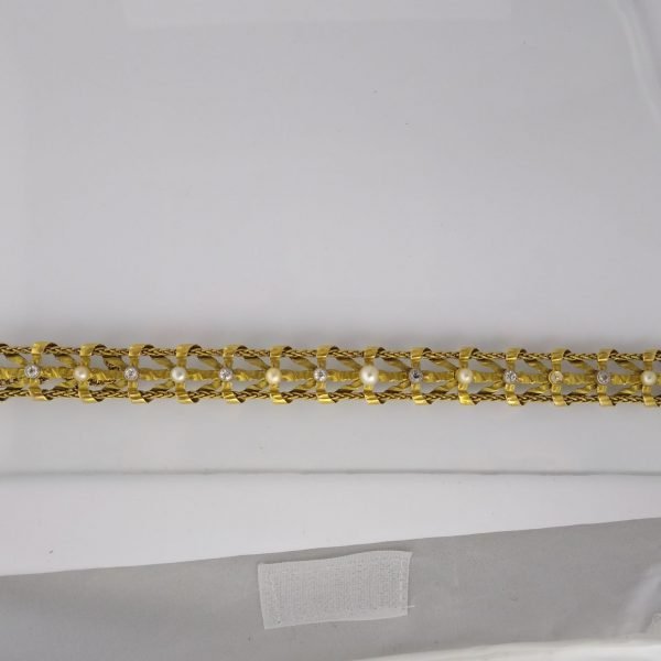 Pulsera oro 18 K, perlas y brillantes