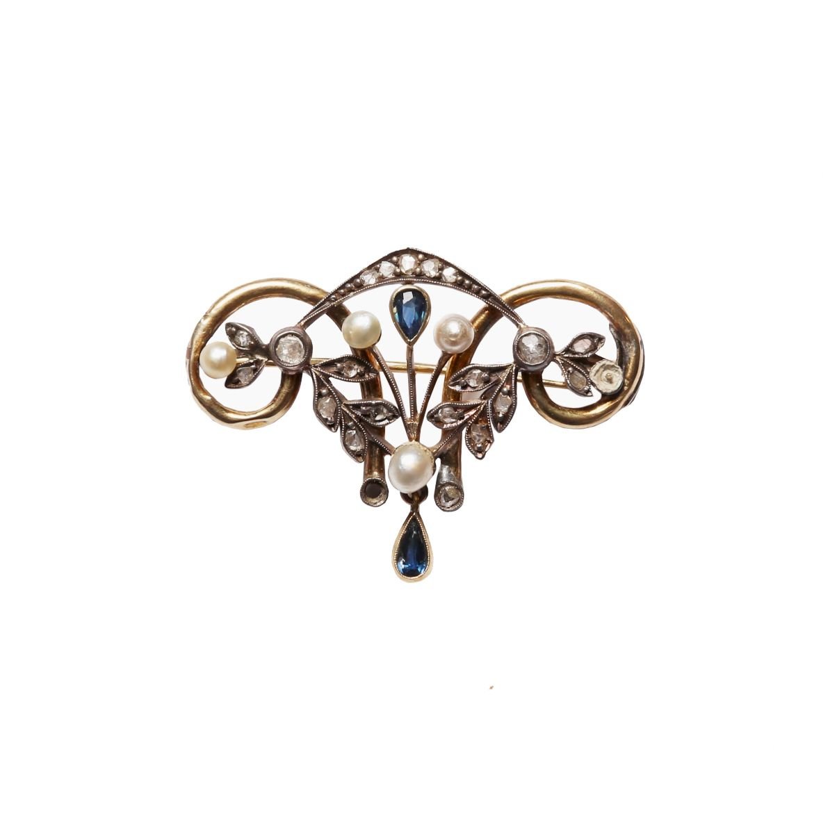 Prendedor art nouveau oro 18 K, zafito, perlas, diamantes y zafiro