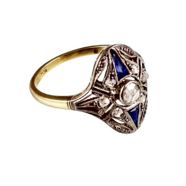 Anillo art decó oro 18 K , brillante, zafiros y diamantes