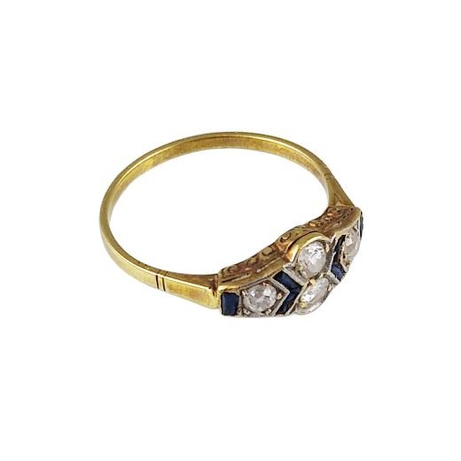 Anillo art decó oro 18 K, brillantes y zafiros