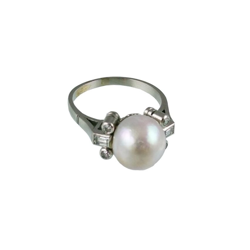 Anillo oro 18 K, perla, brillantes y diamantes