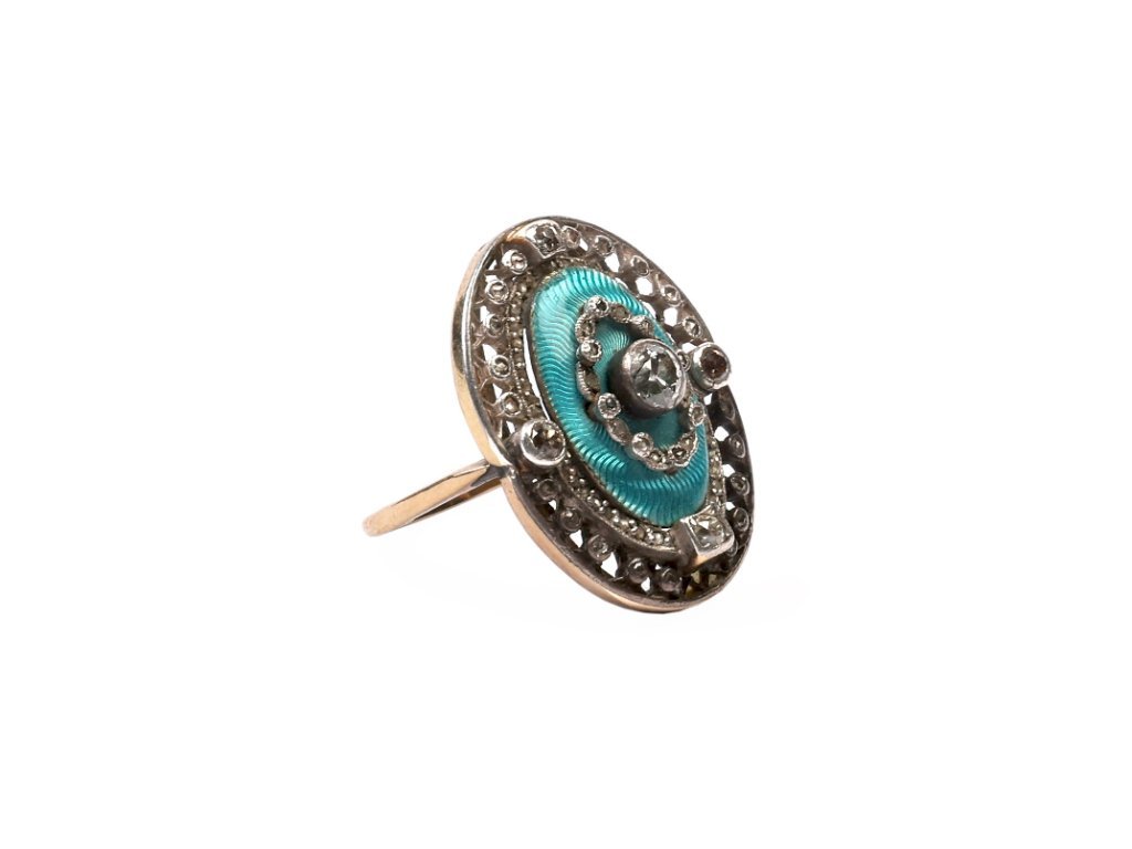 Anillo oro 14 K, brillante, esmalte y diamantes