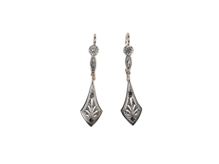 Caravanas art decó oro 18 K, zafiros y diamantes