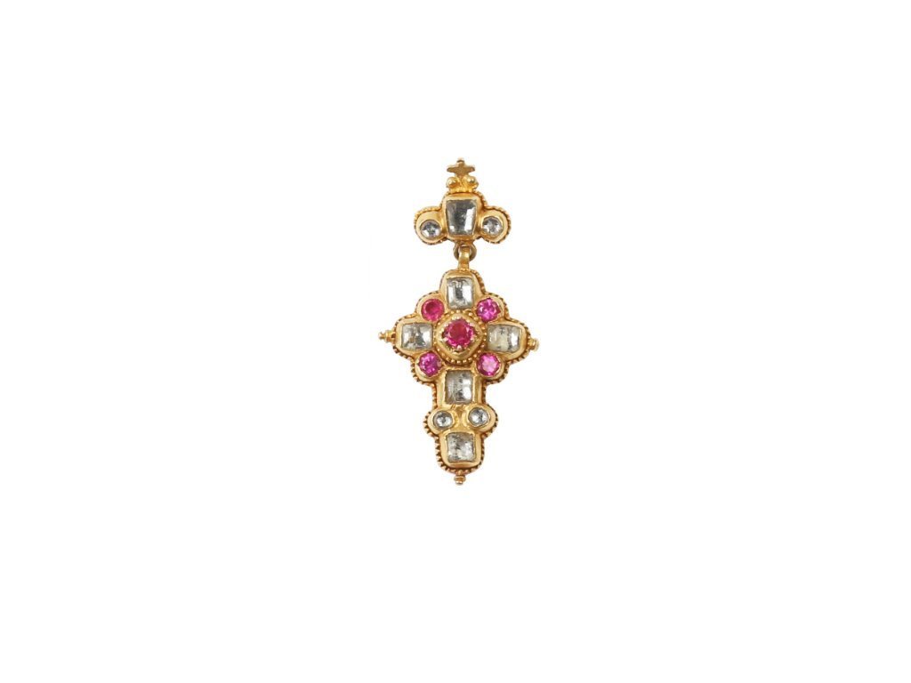 Cruz s. XIX oro 18 K, rubíes y brillantes