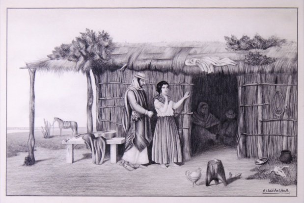 MERCEDES LARRAECHEA. “Gaucho y china bajo el alero del rancho (Idilio criollo)”. Circa 1995.