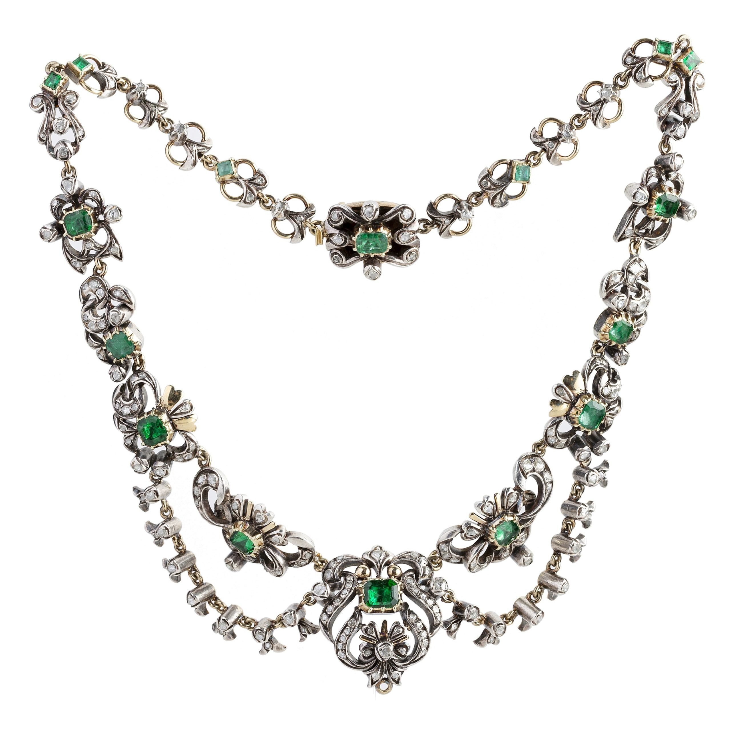 Gargantilla s. XIX plata, oro, esmeraldas, brillantes y diamantes