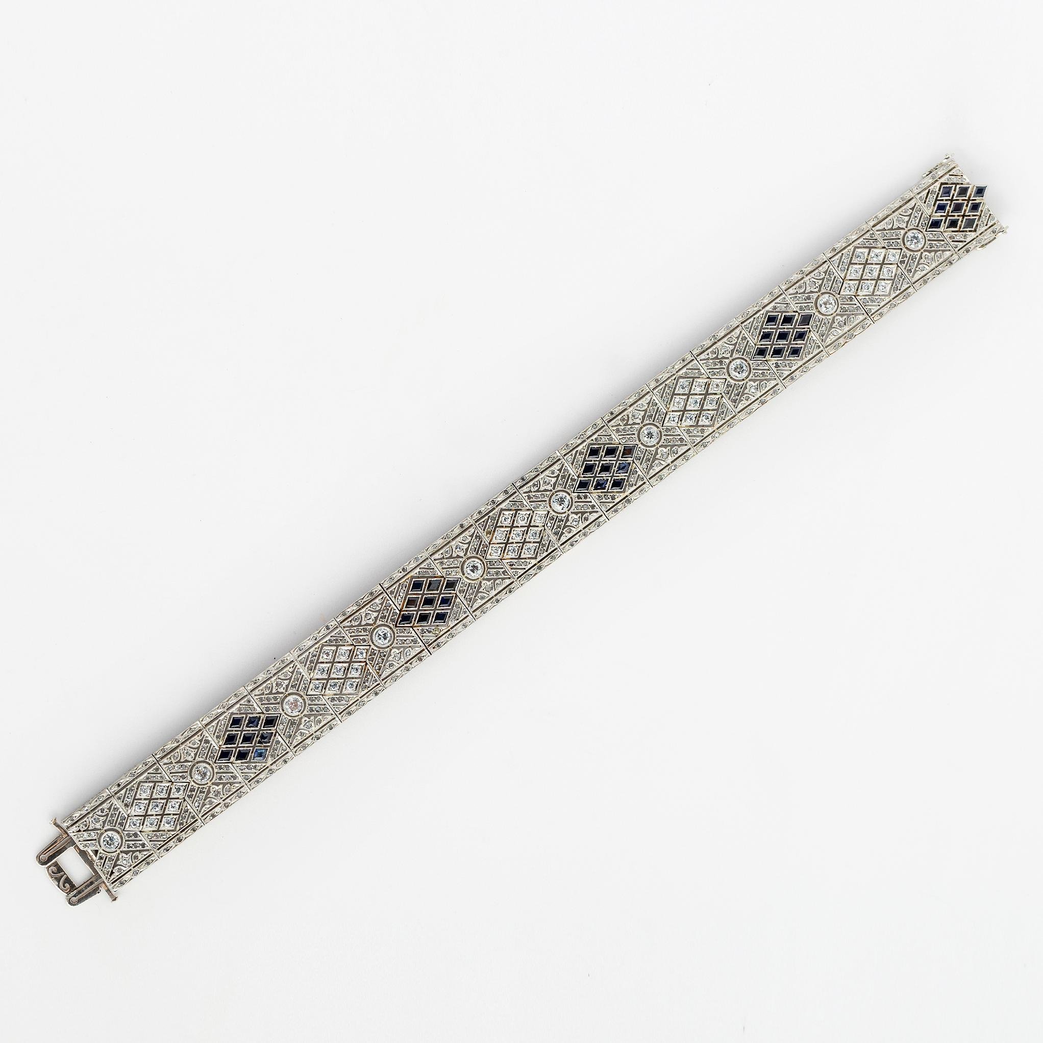 Pulsera art decó platino, diamantes, brillantes y zafiros