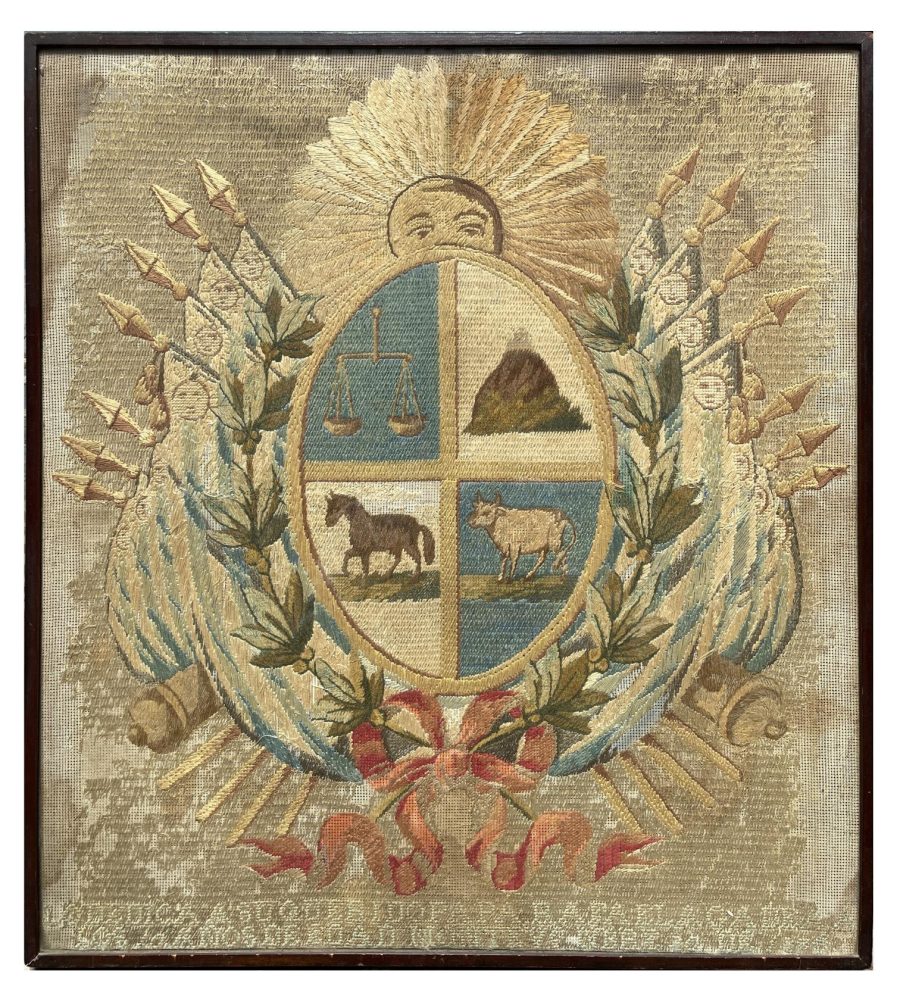 Escudo de armas uruguayo en seda s. XIX