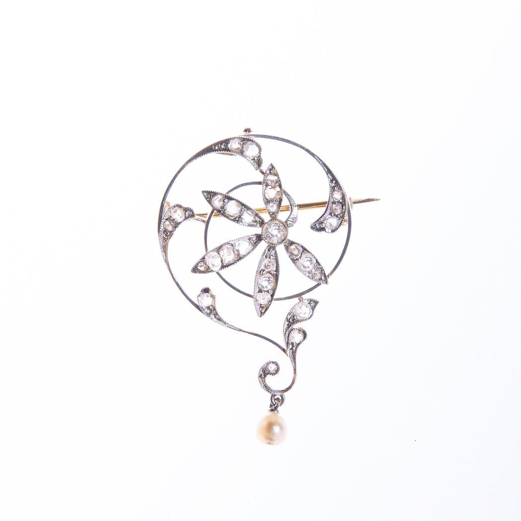 Prendedor art nouveau oro 18 K blanco y amarillo, brillantes, diamantes y perla