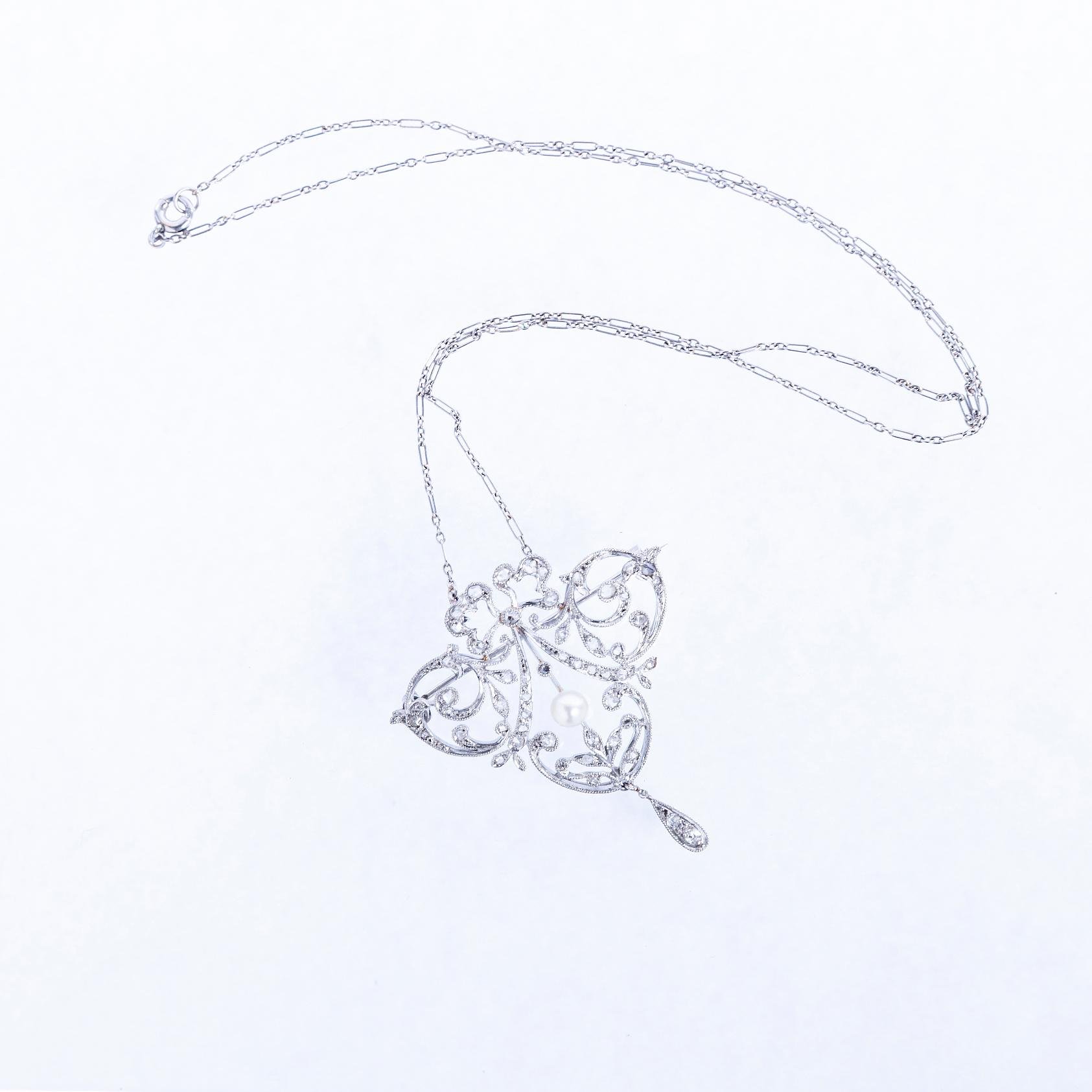 Gargantilla art nouveau oro 18 K blanco, perla y diamantes