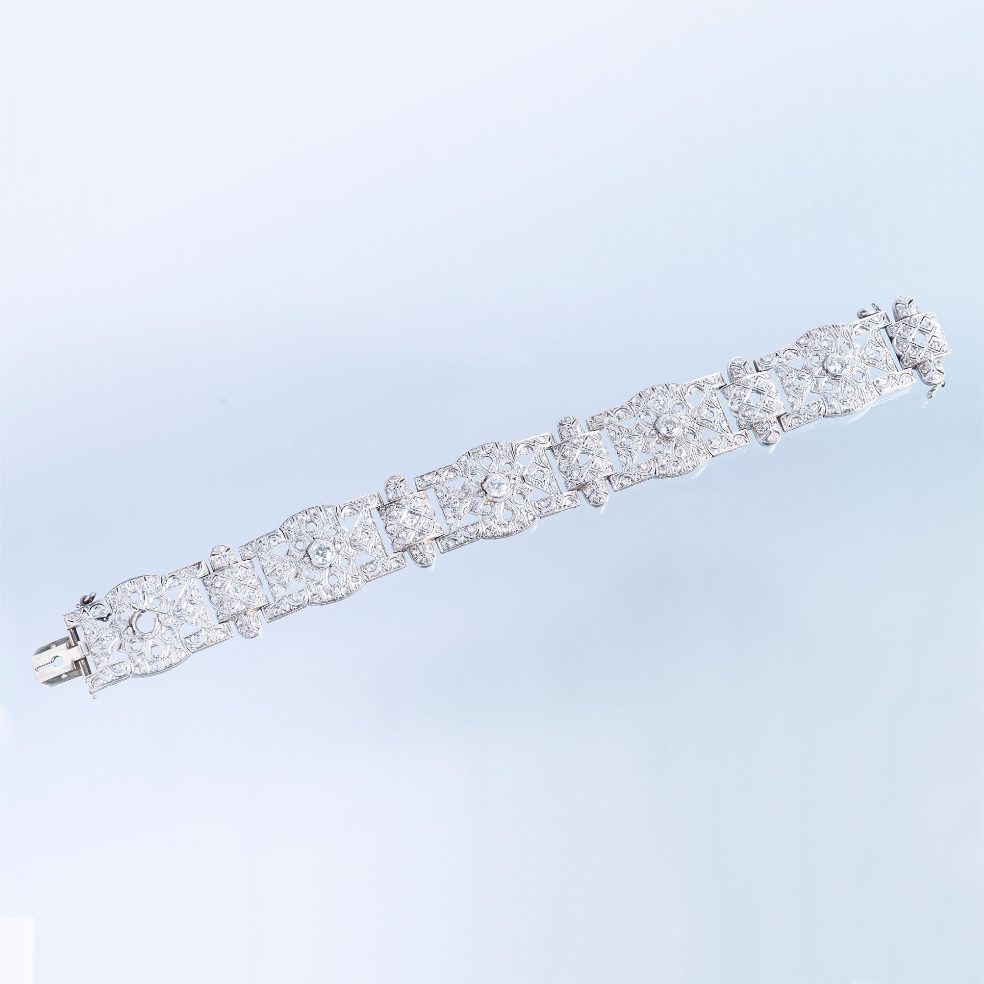 Pulsera art decó oro 18 K blanco, brillantes y diamantes