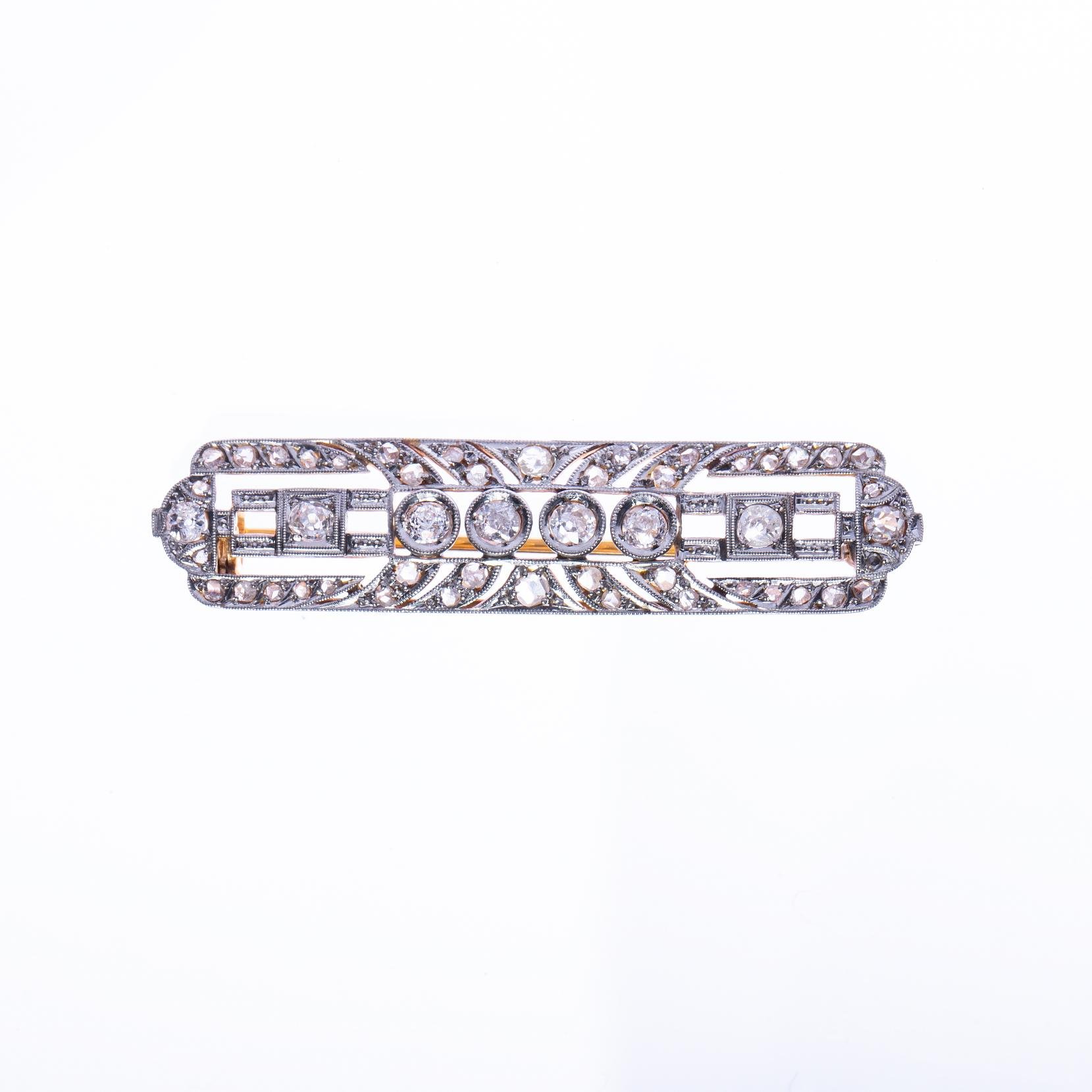 Plaqueta art decó oro 18 K blanco y amarillo, brillantes y diamantes