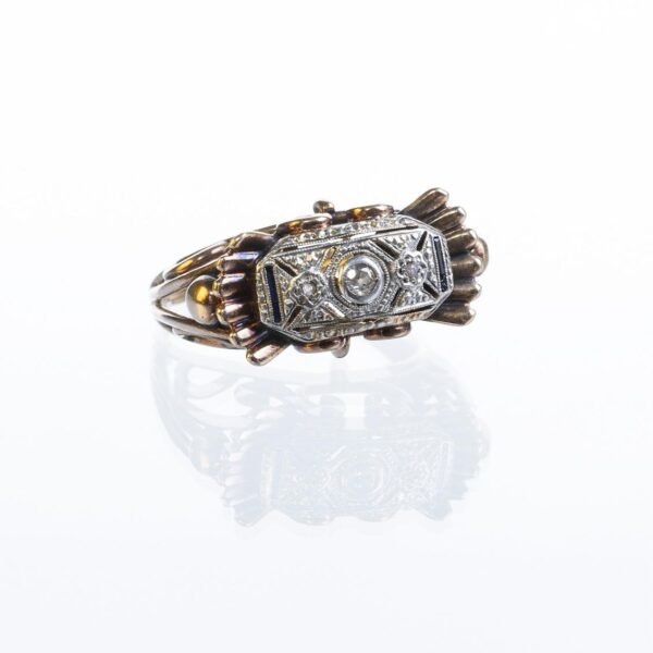 Anillo oro 18 K amarillo, brillante, diamantes y zafiros