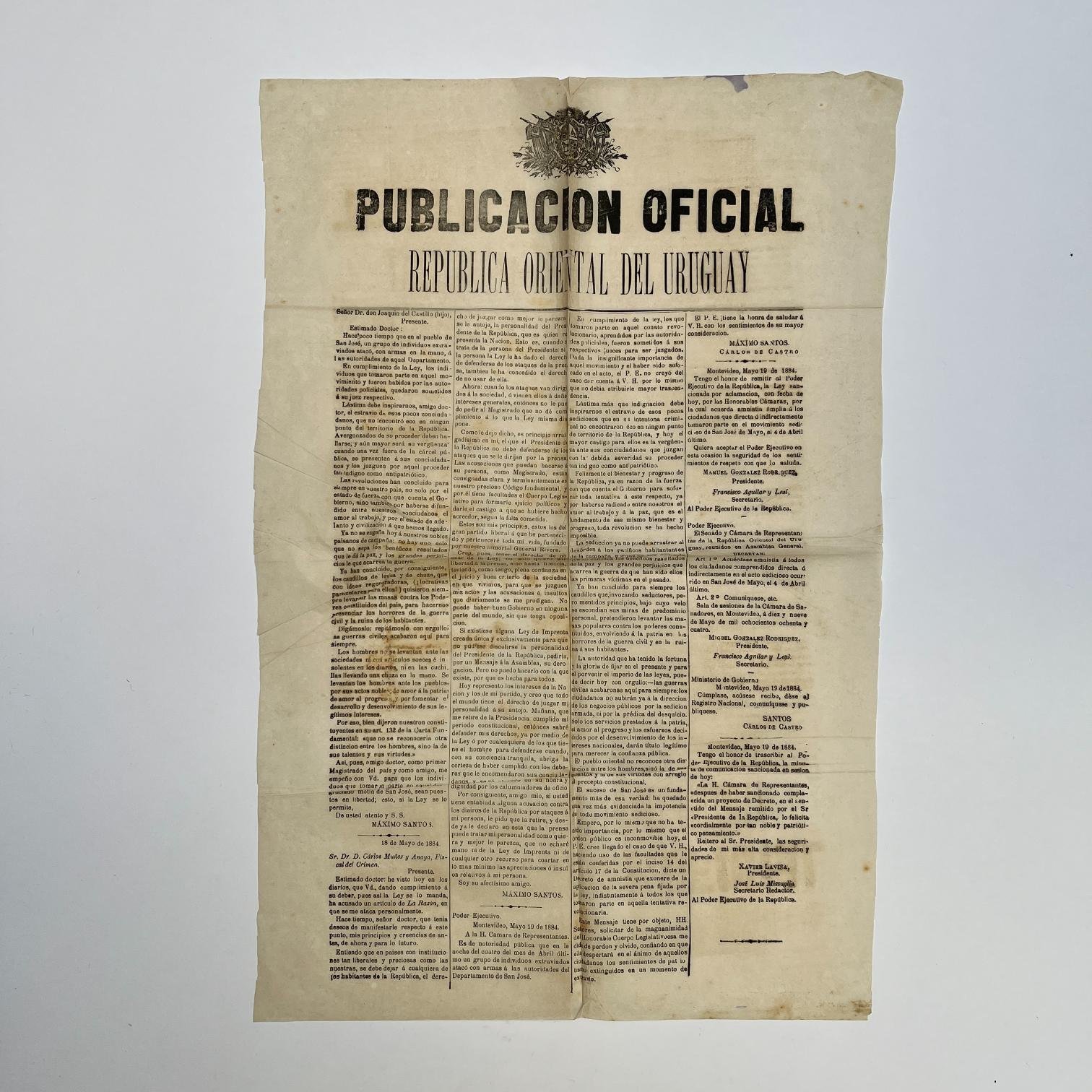 MÁXIMO SANTOS
Publicación Oficial República Oriental del Uruguay. Texto: Señor Dr. Don Joaquín del Castillo (hijo), / Presente