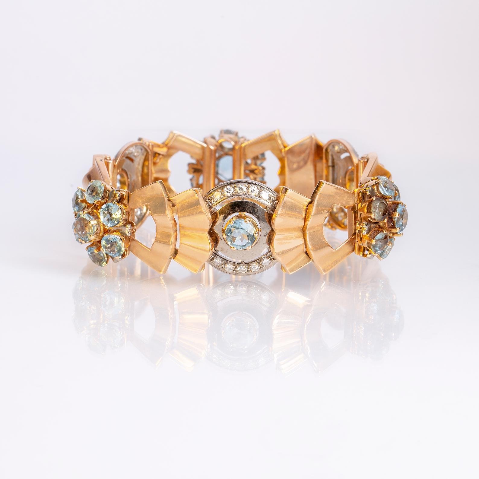 Pulsera oro 18 K amarillo y blanco, diamantes y aguamarinas - Imagen 2