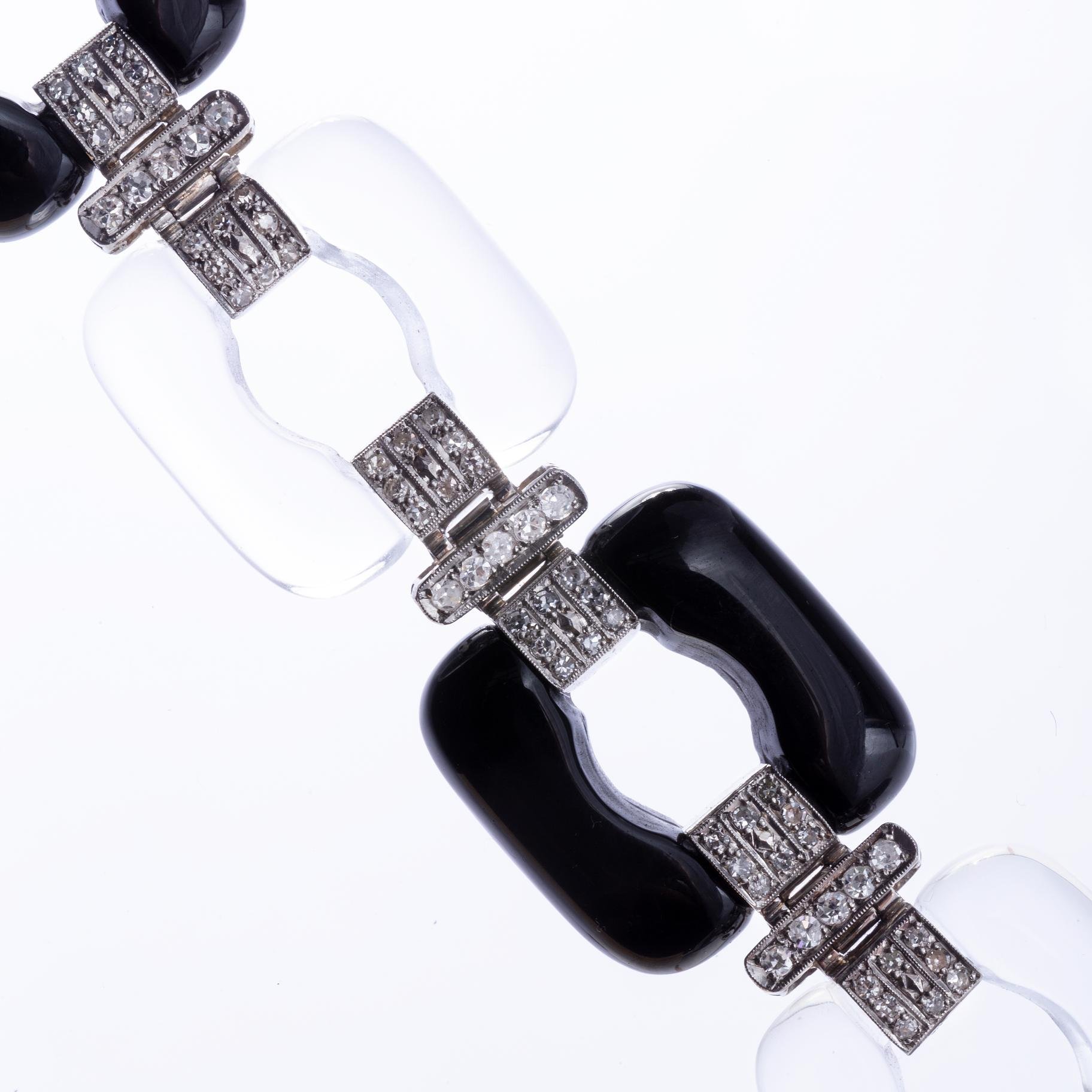 Pulsera art decó oro 18 K blanco, ónix, cristal y brillantes - Imagen 2