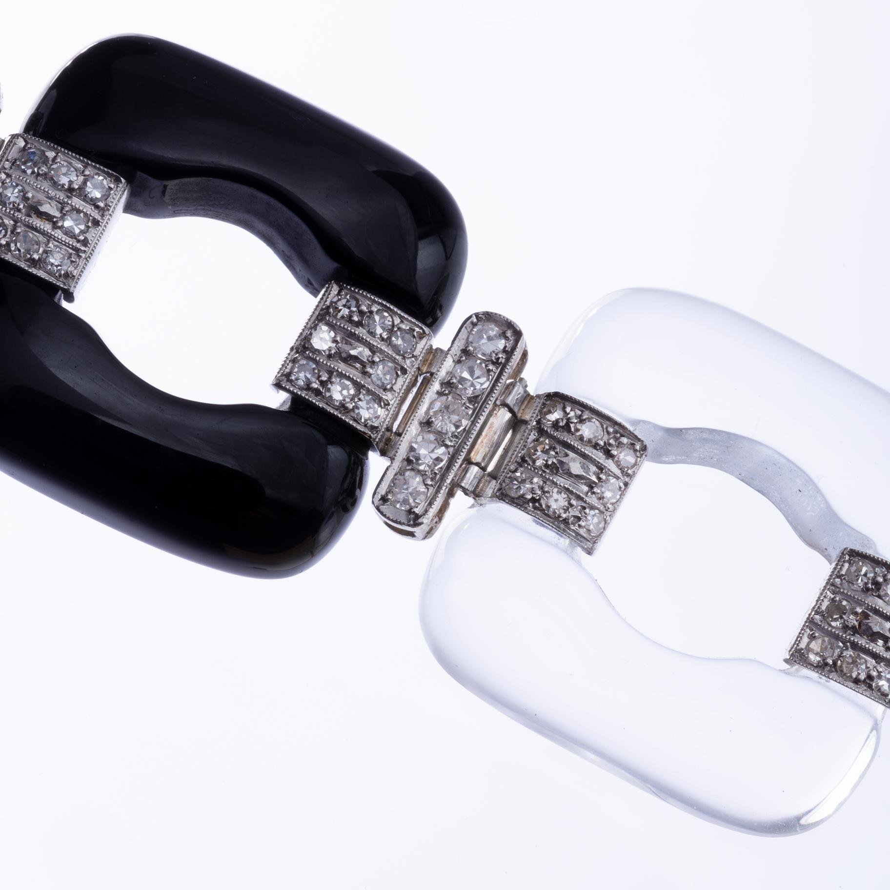 Pulsera art decó oro 18 K blanco, ónix, cristal y brillantes - Imagen 3