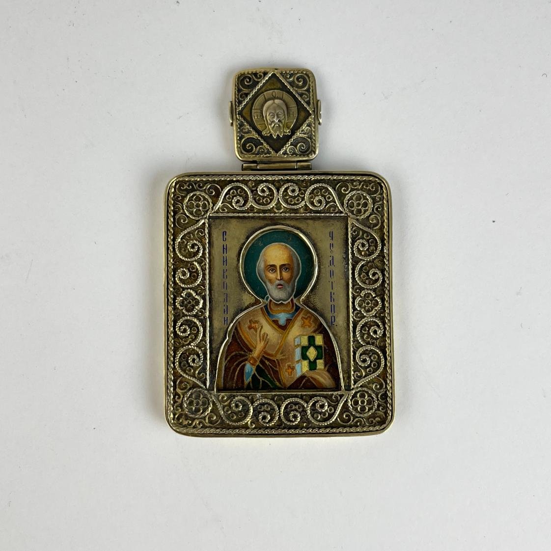 Icono y telicario ruso en plata vermeil y esmalte