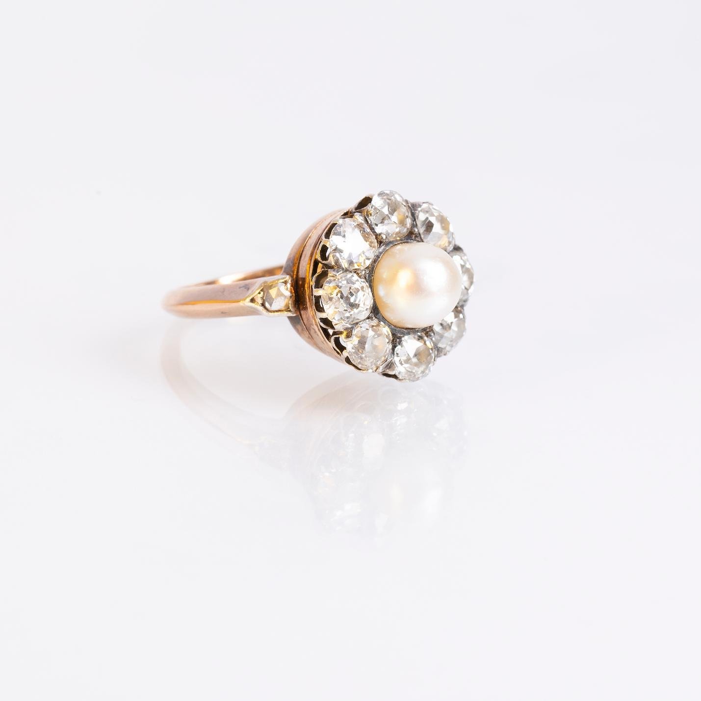 Anillo moro 18 K amarillo, perla y diamantes