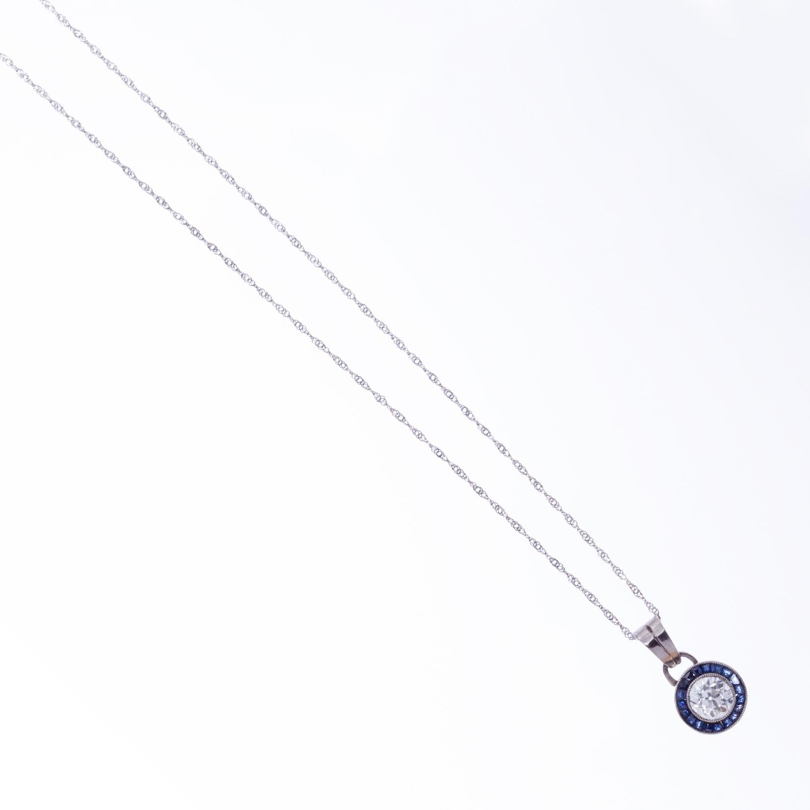 Colgante art decó oro 18 K blanco, diamante y zafiros - Imagen 2