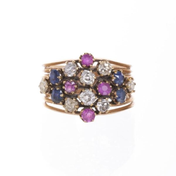 Anillo en oro 18 K con brillante, rubíes y zafiros