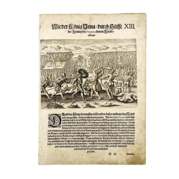 THÉODORE DE BRY. XIII. Wie der König Utina durch Bülsse der Franzosen / (Pajanou) seinem Feinde / obsieget.