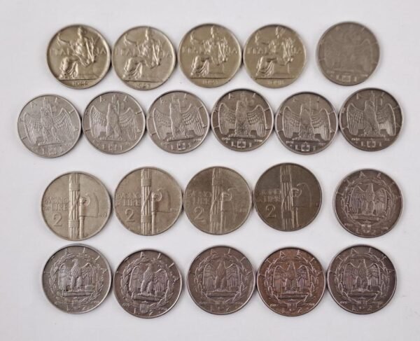 Italia 21 monedas de 1 y 2 lire 1922 a 1942