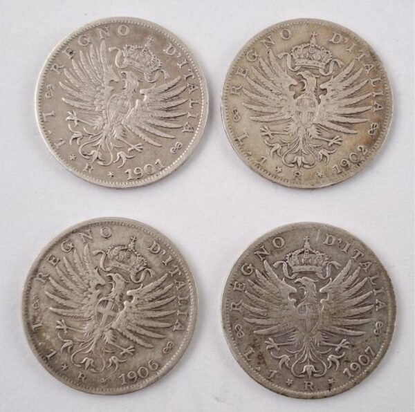 Italia 1 lira 1901 1902 1906 1907 de plata