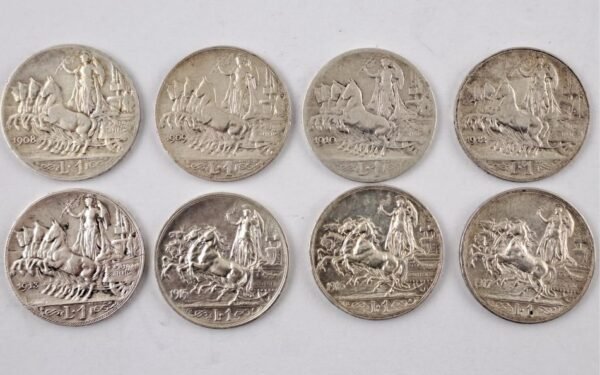 Italia 8 monedas 1 Lira de plata 1908  a 1917