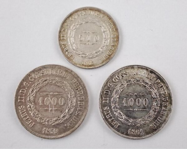 Brasil 3 monedas 500 y 1000 reis de plata