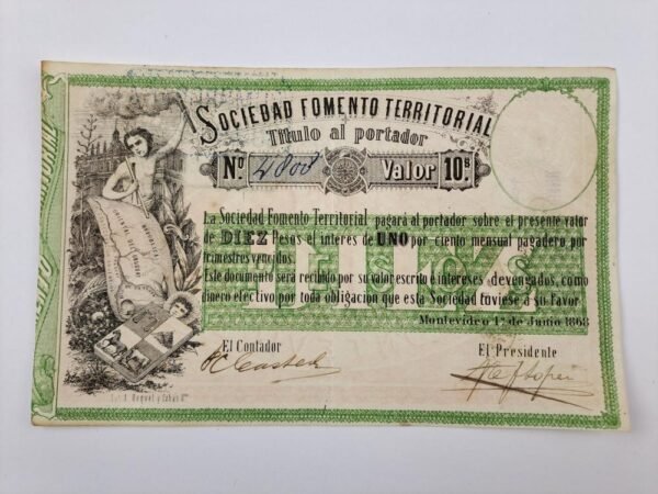 Sociedad Fomento Territorial billete 1868 Uruguay