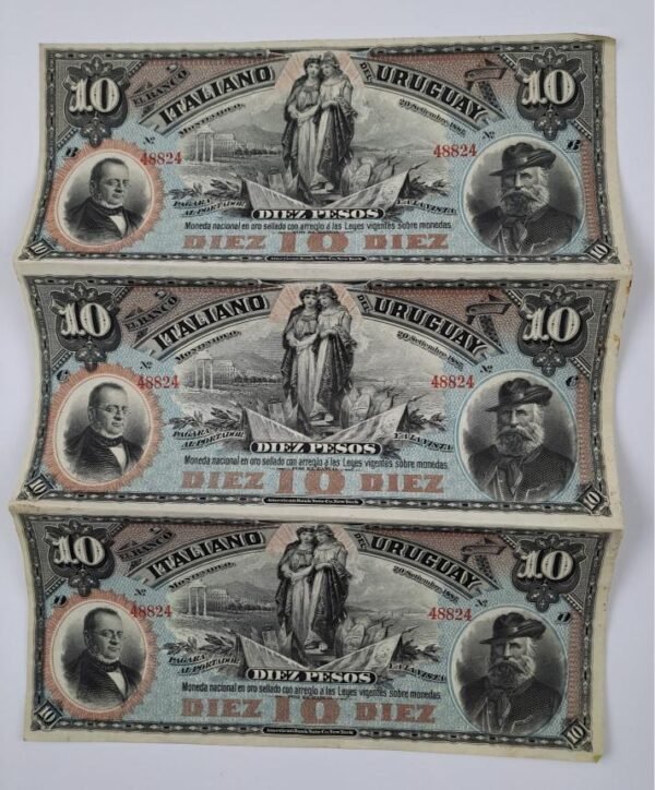 Plancha triple de 3 billetes 1887 Banco Italiano del Uruguay