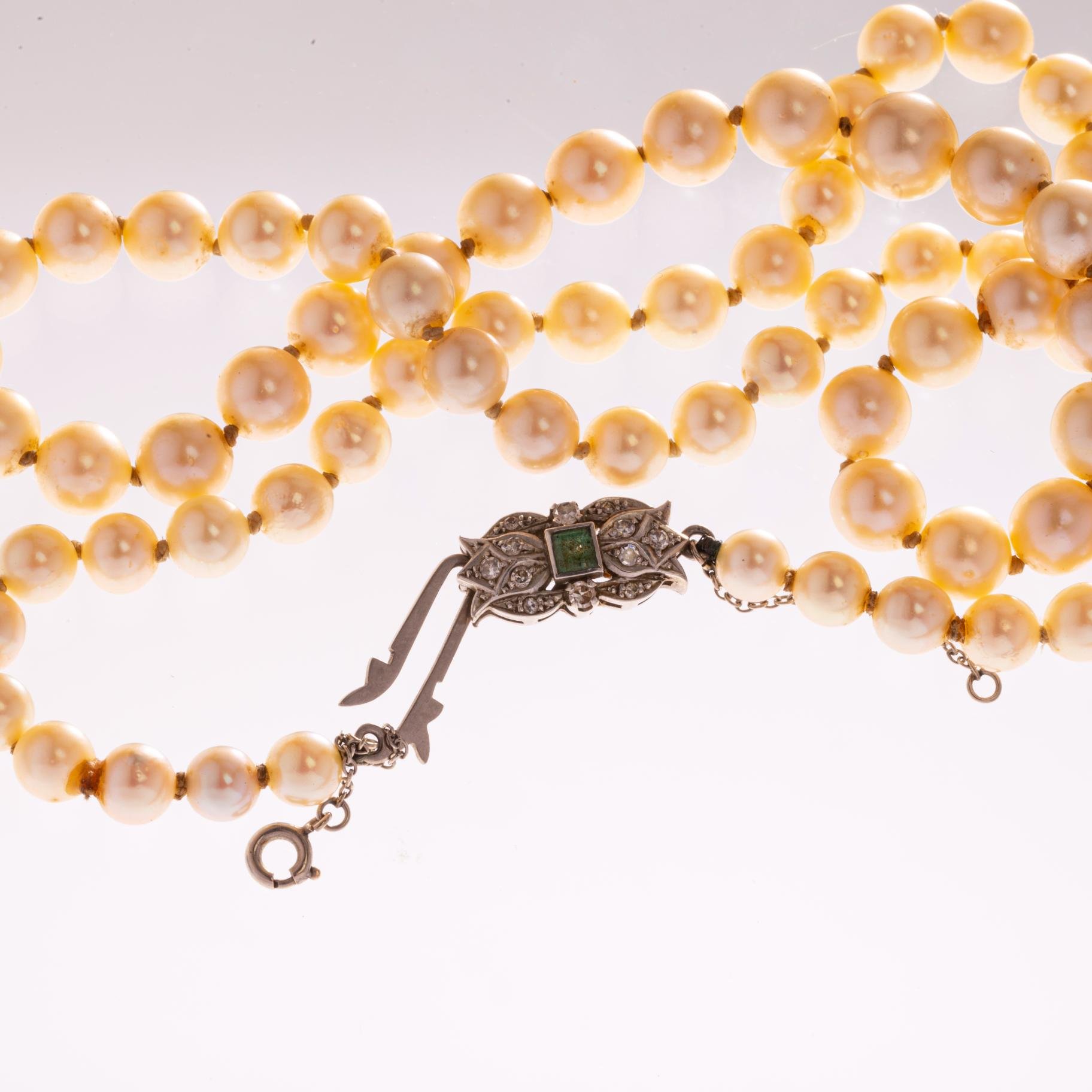 Collar de perlas, oro 18 K, esmeraldas y diamantes - Imagen 3