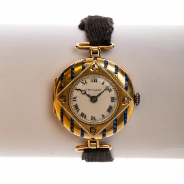 Reloj pulsera art decó Vulcain en oro 18 K, esmalte, zafiros y diamantes