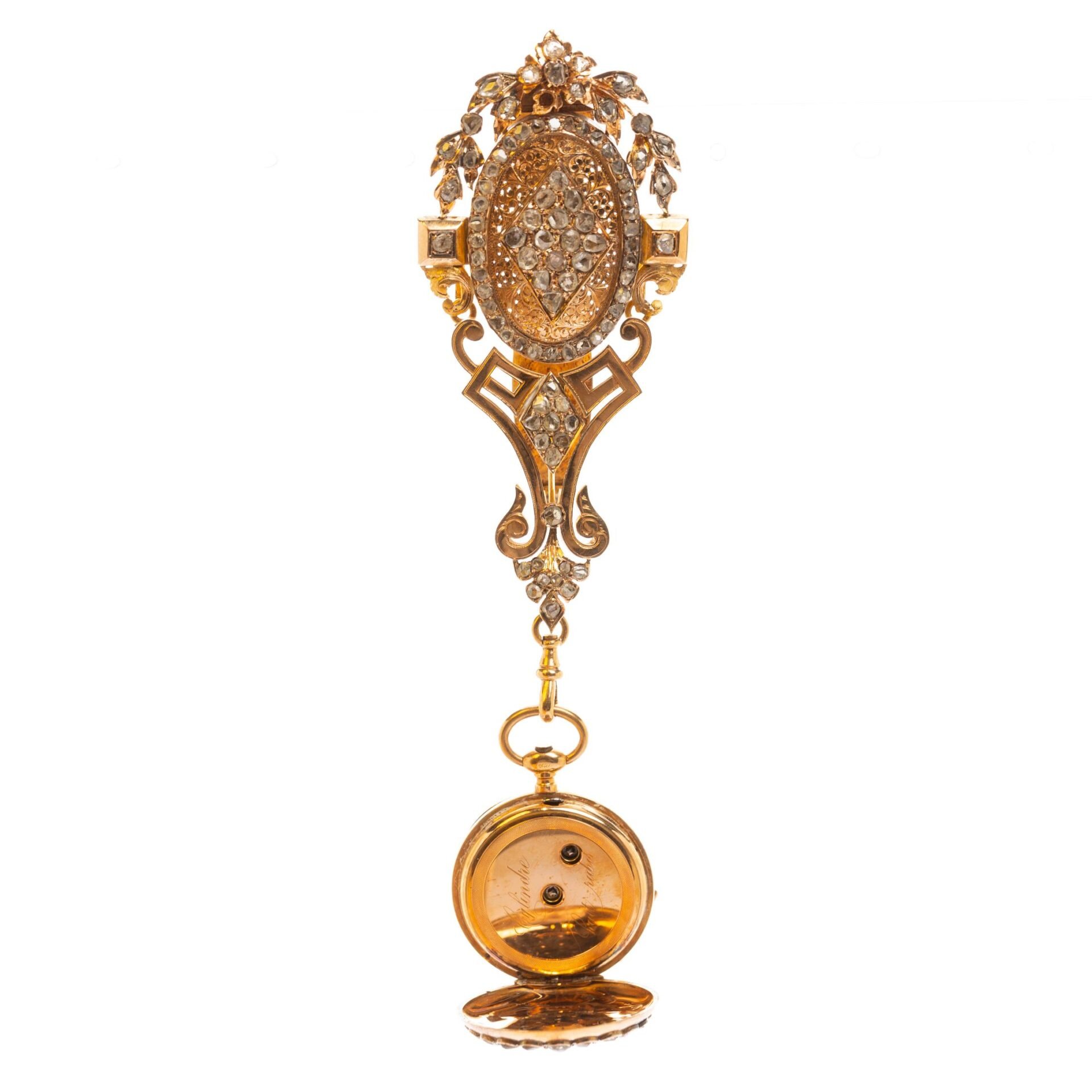Reloj chatelaine s. XIX en oro 18 K amarillo y brillantes - Imagen 2