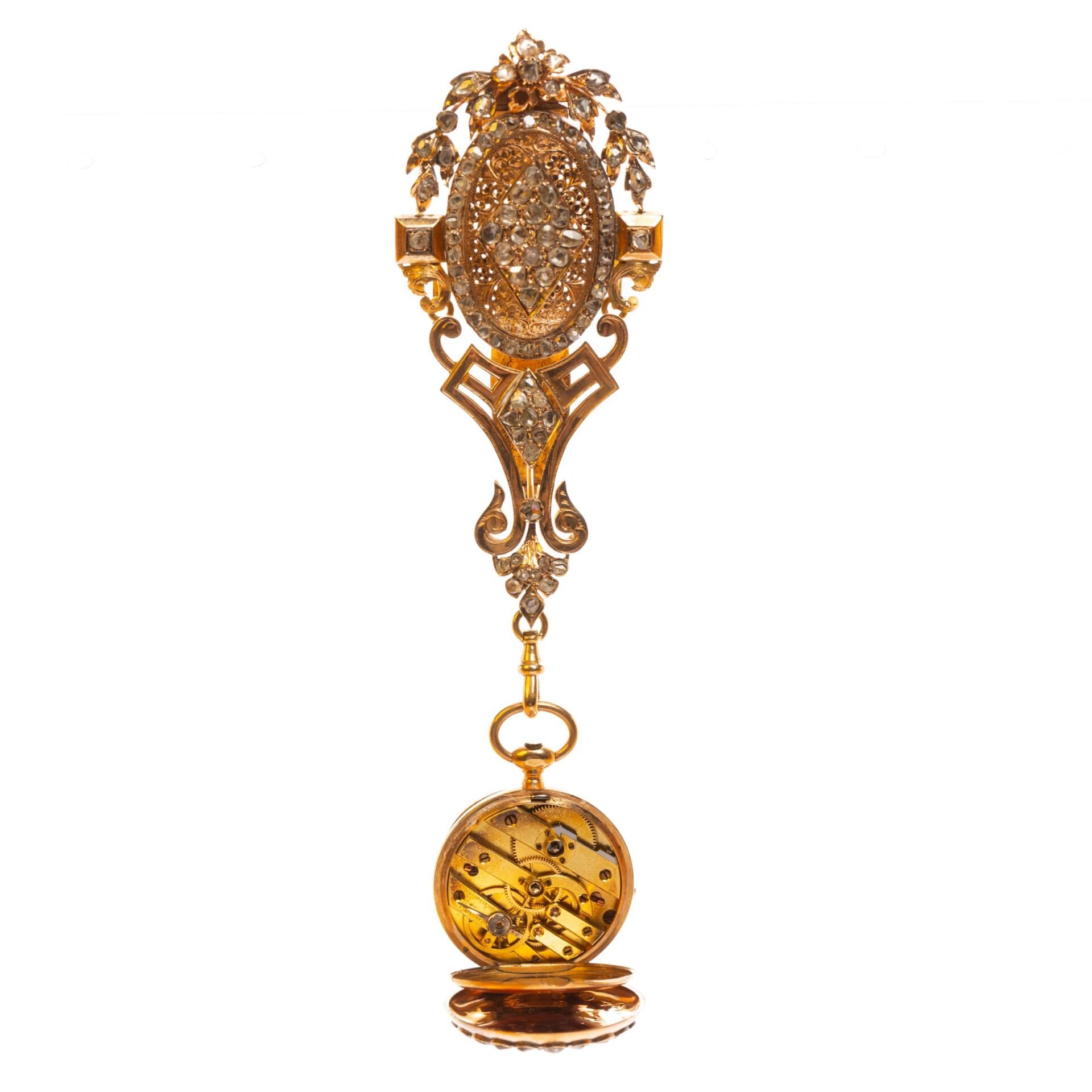 Reloj chatelaine s. XIX en oro 18 K amarillo y brillantes - Imagen 3