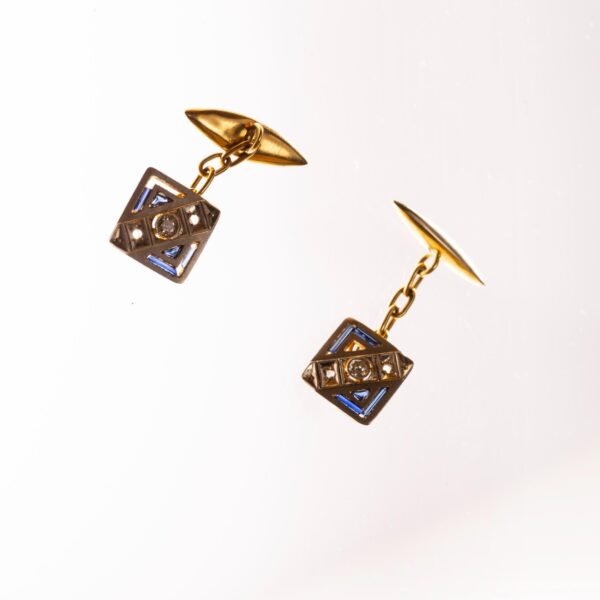 Par de gemelos art decó, brillante y zafiros